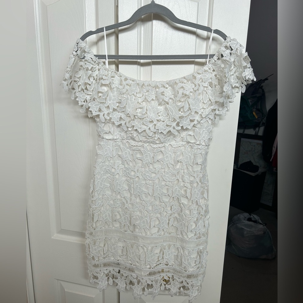 White Off the shoulder mini lace dress with slip . Size large .